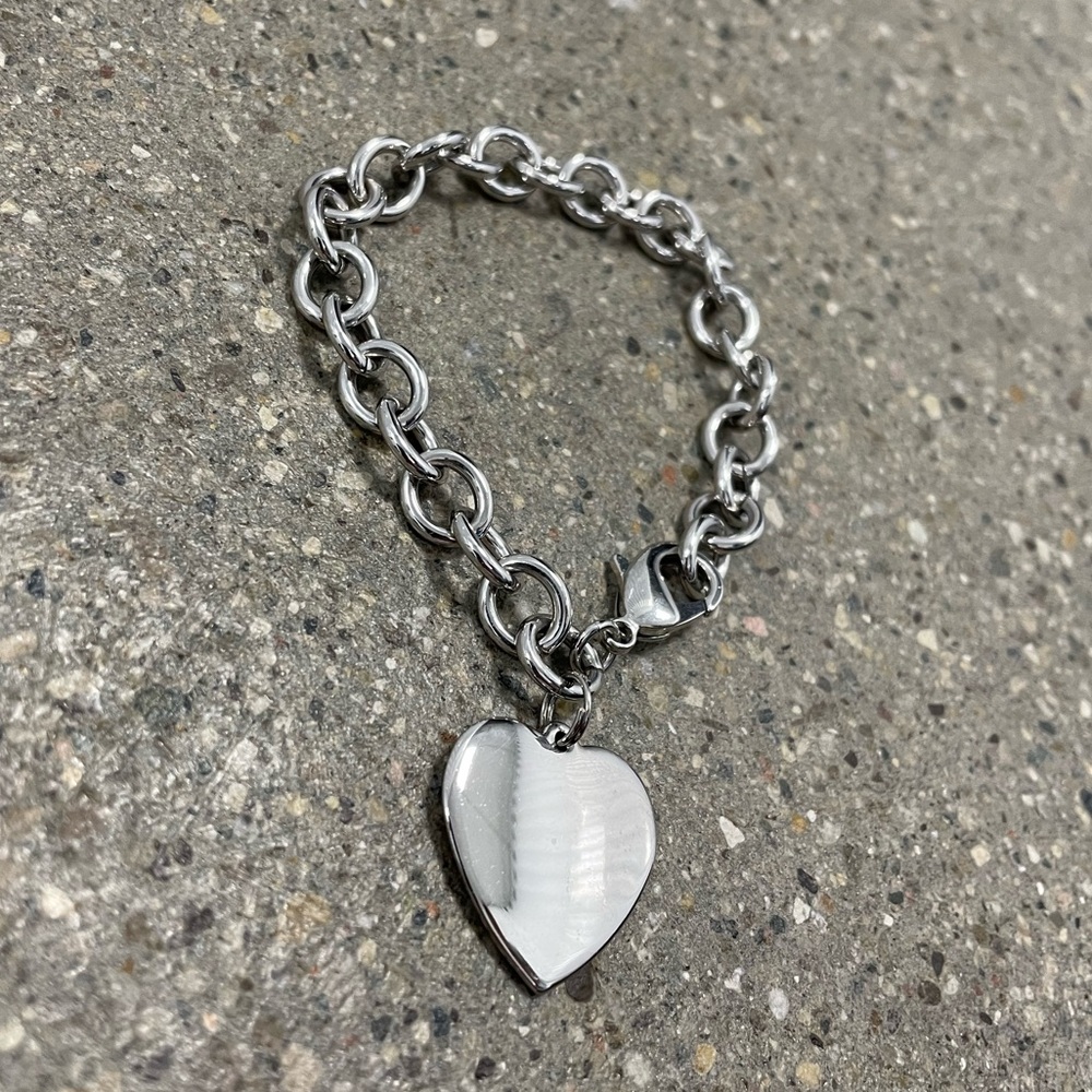 Stainless Steel Tiffany Inspired Heart Pendant Bracelet Chain Lobster Clasp 8in